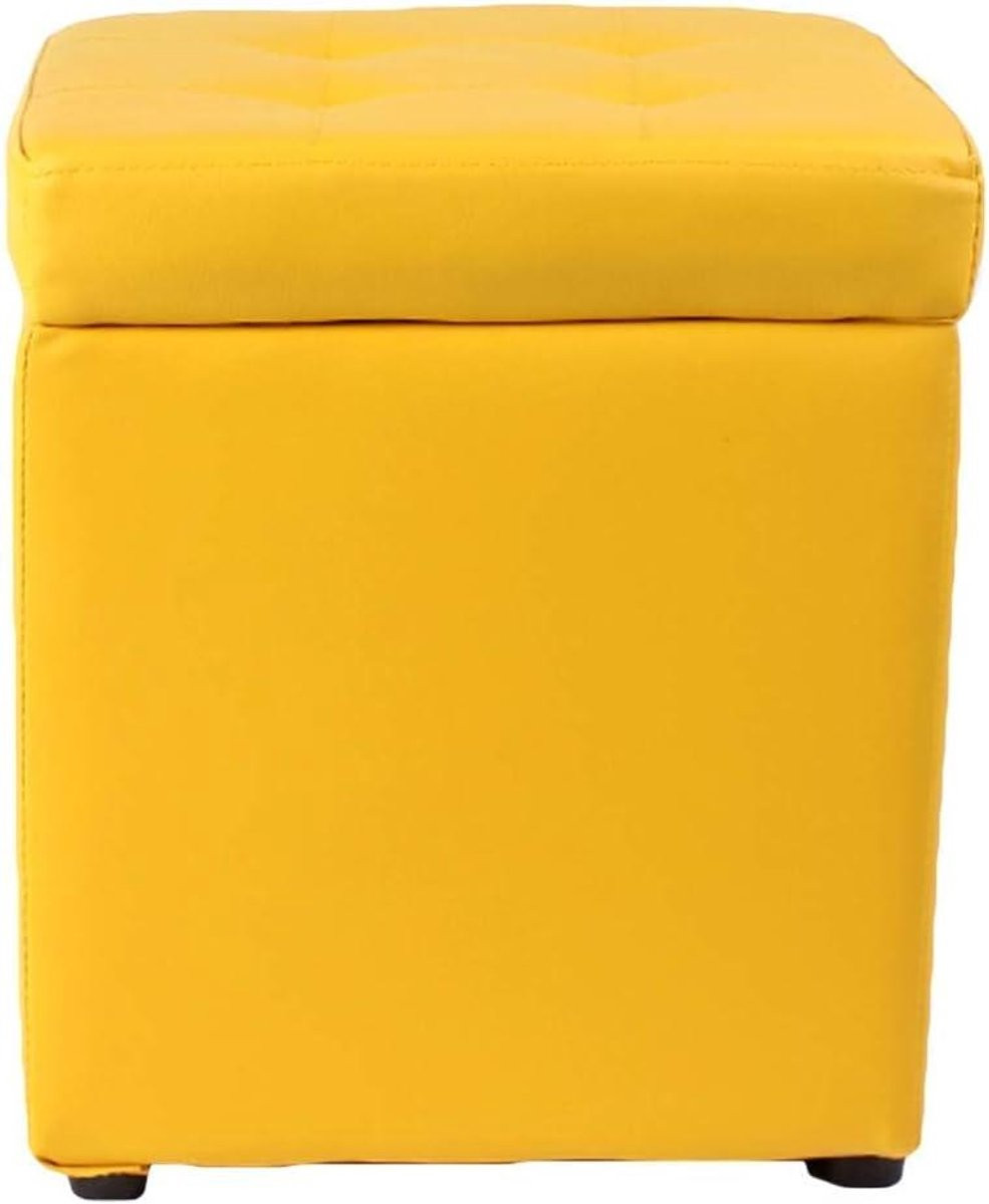 Geel Opberg Poef met Scharnier Deksel en Faux Leather - Zetel Kruk - B/D/H: 30 x 30 x 35 cm