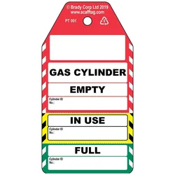 Brady, Sicherheitskennzeichnung, PROC-GB-PT 001-50, Dreiteiliger Gaszylinder-Anhänger, Polypropylene, Schwarz auf Rot, Gelb
