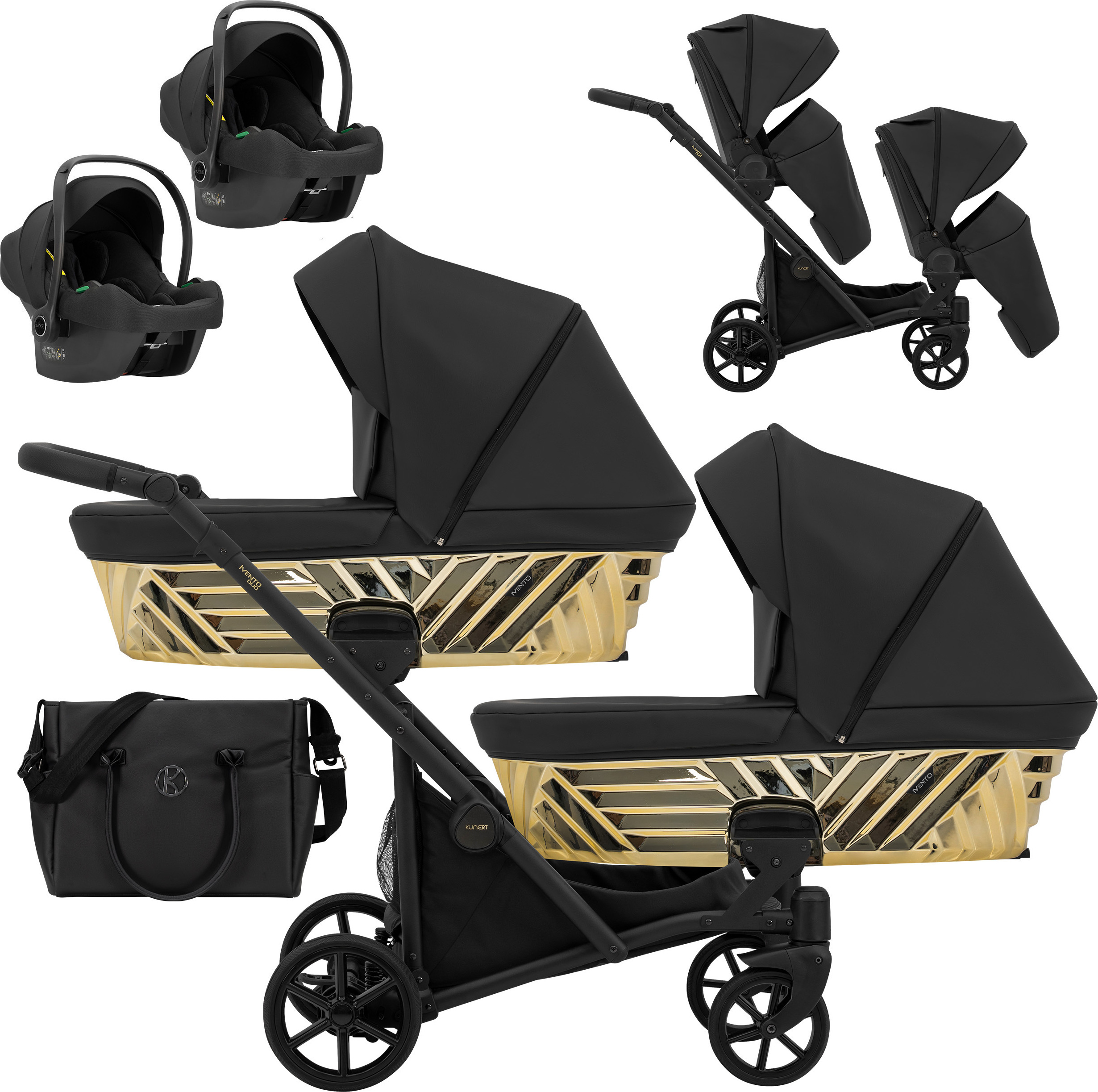 Kinderwagen IVENTO DUO GLAM 3 in 1 Zwillingskinderwagen Geschwisterwagen Zwillingsbuggy Doppelkinderwagen (Eco Black Pearl, Rahmen: schwarz)