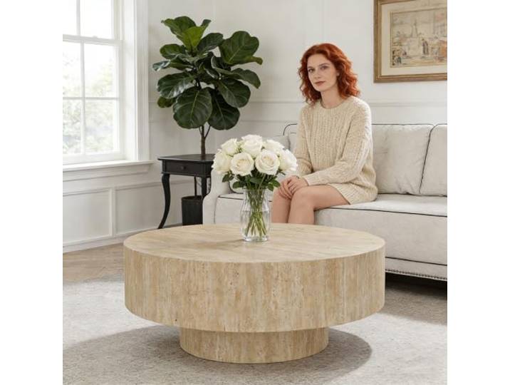 FeiZhiYanS Rustikaler runder Trommel-Couchtisch fürs Wohnzimmer, moderner minimalistischer Couchtisch aus Spanplattenholz, einzigartige niedrige Couchtische für die Wohnung,B29.9