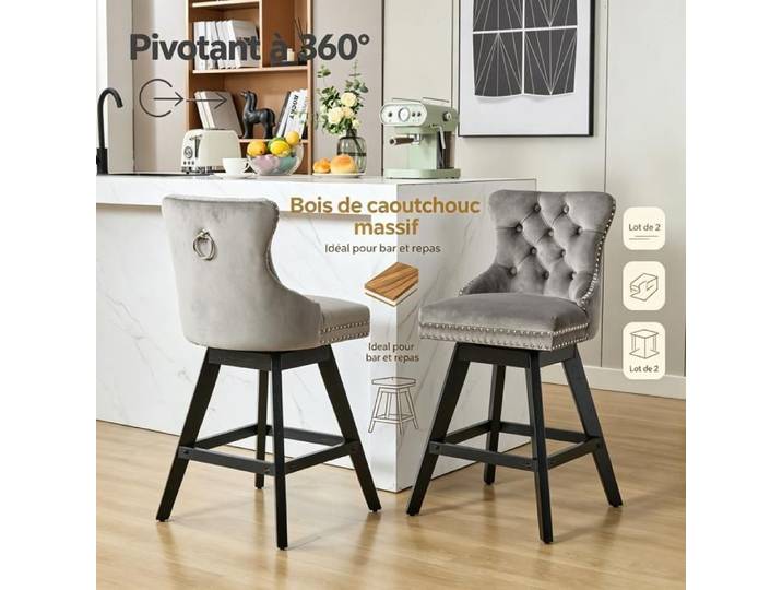 URTR Lot de 2 tabourets de bar pivotants en velours capitonnés boutons pieds en bois clous chromés style loisir élégants gris