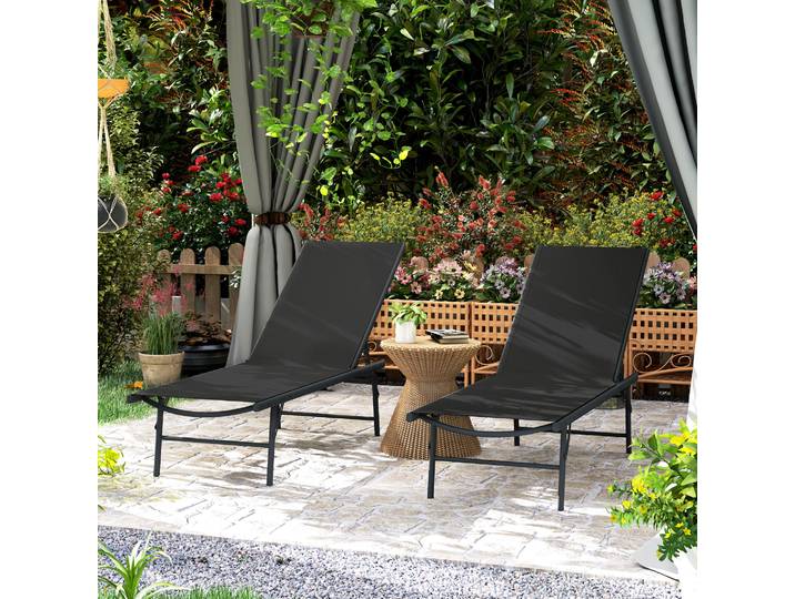 Outsunny Lot 2 Chaises Longues Pliantes Jardin Textilène Noir