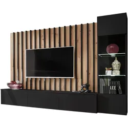 WOHNWAND schwarz, Artisan Eiche 220 cm, Schrankwand inkl. LED Beleuchtung