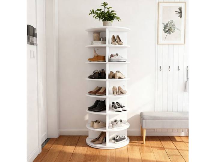 Étagère à chaussures rotative à 7 niveaux - 60x60x161 cm - 28 paires de chaussures - PVC - blanc