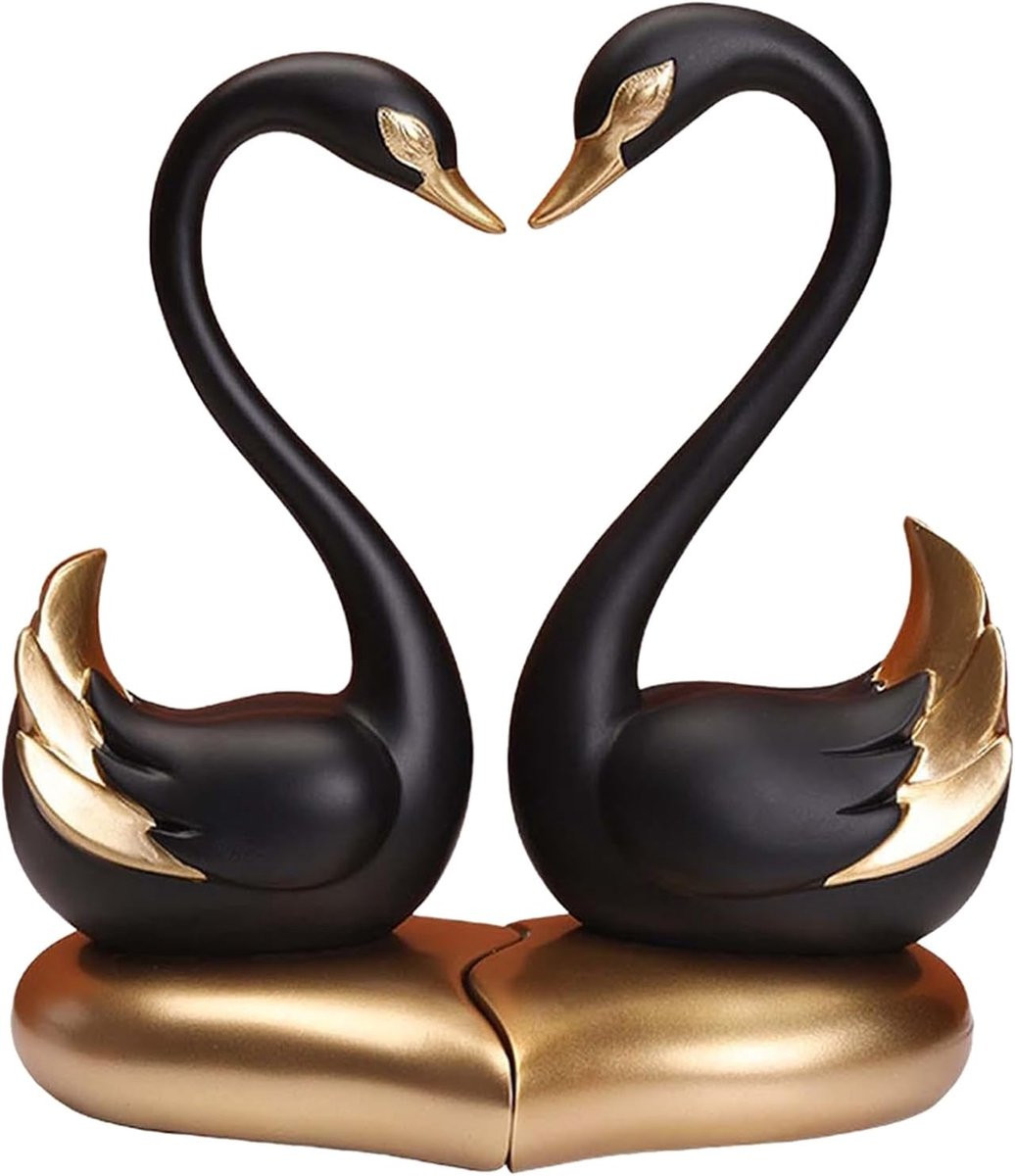 Paar Zwanen Beeldjes met Hartvorm Design - Zwart - Decoratie voor op Tafel