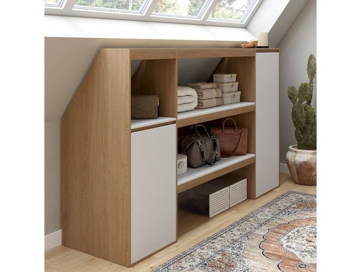 Armoire sous pente TOMI 2 portes avec étagères 2 niveaux 1 niche bois et blanc