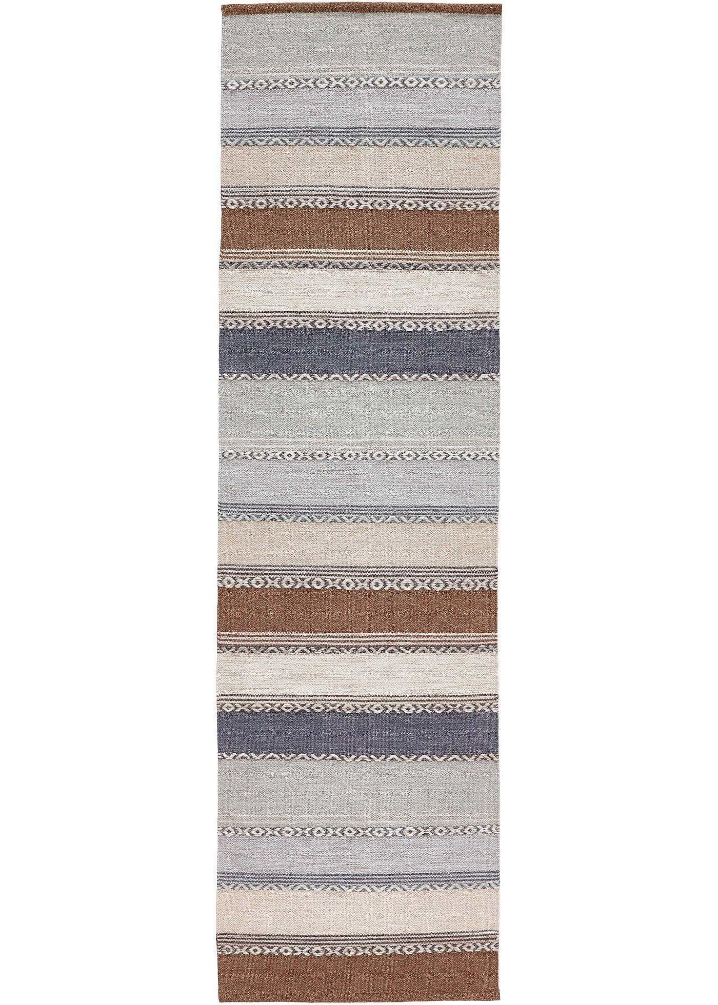 bonprix Kelim-Teppich mit Streifen in sanften Naturtönen, braun, Gr.70x250 cm, Handgewebter Kelim-Teppich, 84% Wolle