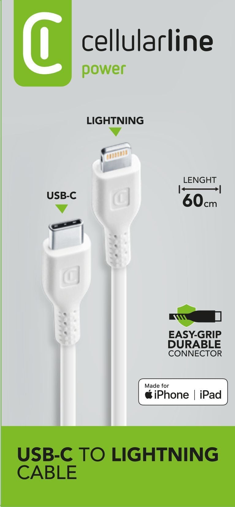 Cellular Line Lightning auf USB C bis 30 W 0,6 m Power Cable (Weiß)