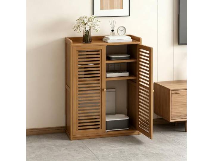 ZCQMSCWW Stereo-Schrank, Massivholz-Audio-Ständer mit Verstellbarem Regal Natürlicher Bambus, Werkzeuglose Montage, Kabelmanagement, Mehrstufige Medienaufbewahrung, Wohnzimmer