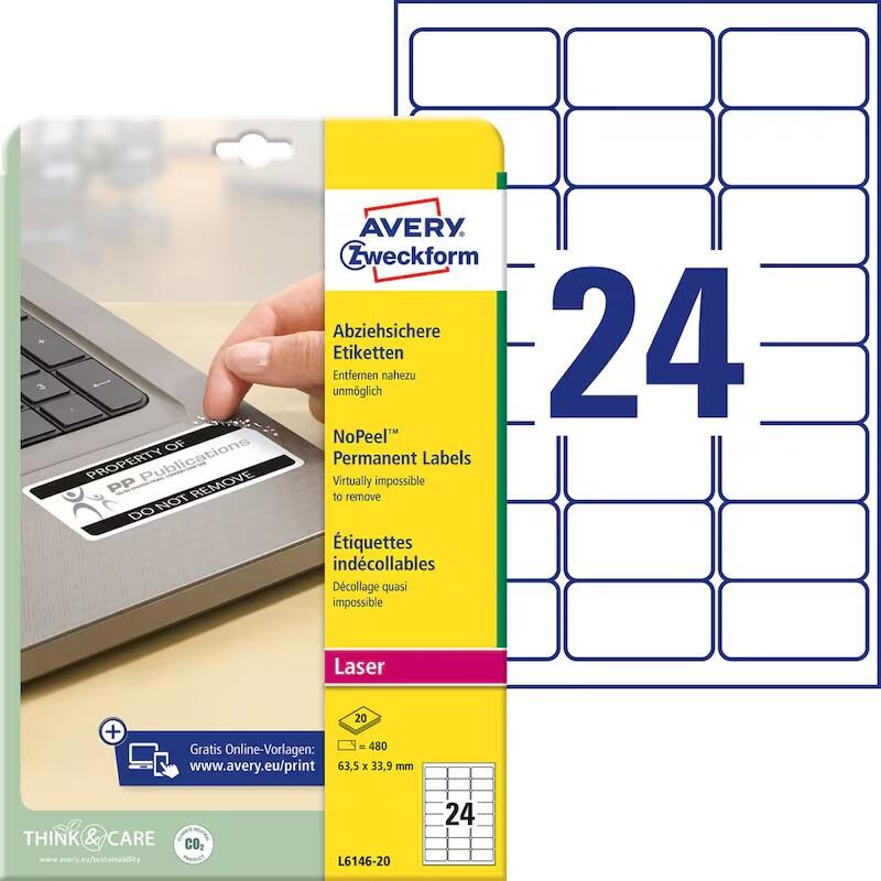 AVERY Zweckform abziehsichere Folienetiketten 63,5 x 33,9 mm L6146-20