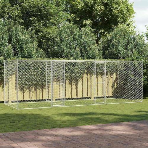 Galvanized Steel Outdoor Dog Kennel, 20x6.6x6.6 Ft, Silver | Features two lockable doors to provide secure access and safe outdoor exercise space for large dogs.