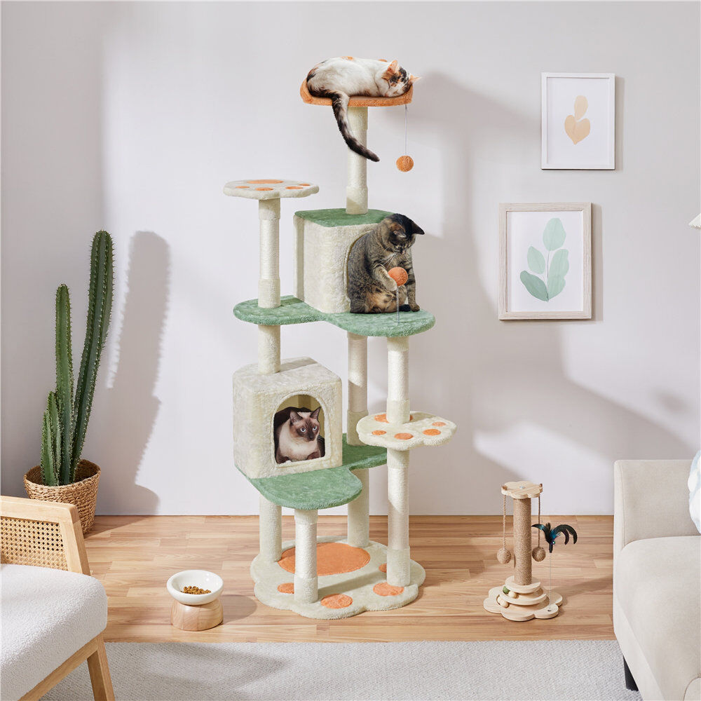 Yaheetech Size Cat Paw-Shaped Play Tower Beige 165cm H x 59.5cm W x 55.5cm D