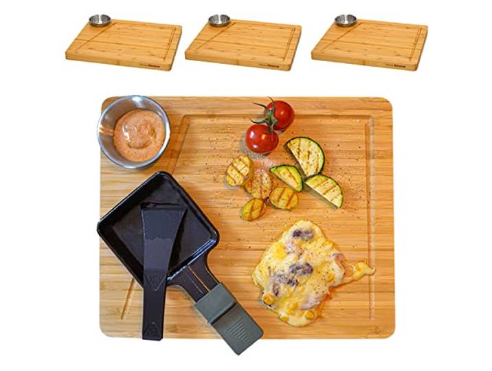 DuneDesign 4 Personen Raclette Teller Set - 30x25 Raclette Brettchen Holz mit Dipschale - Raclette Pfännchen Untersetzer Holz Raclette Holzbrettchen Untersetzer Raclette Pfännchen Zubehör für Raclette