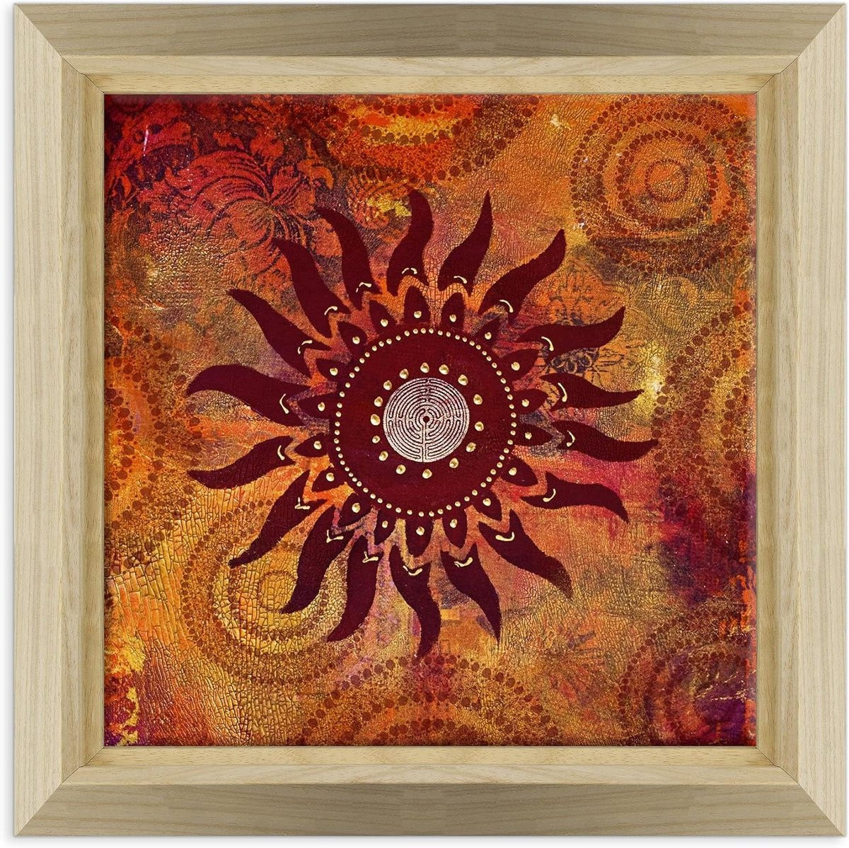 Abstracte grafische afbeelding op canvas met massief houten lijst in natuurlijk hout, 30 x 30 cm