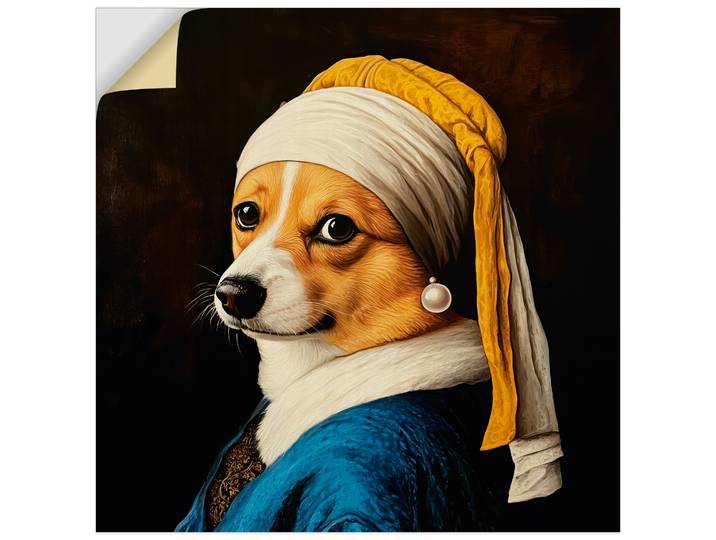 Wandbild ARTLAND Der Corgi mit dem Perlenohrring , blau (farbe bild(er): schwarz), B:40cm H:40cm, Bilder, Wandbild, als Alubild, Leinwandbild, Poster, Wandaufkleber in verschied. Grössen