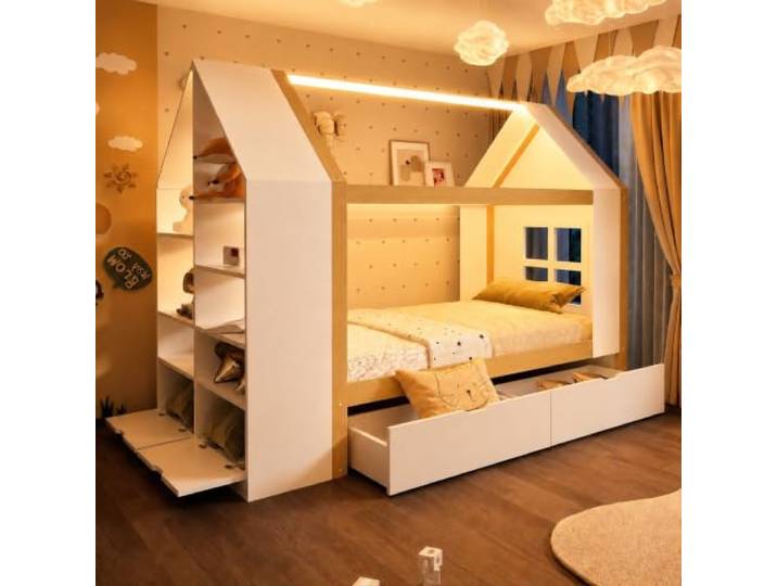 Aunvla Kinderbett 90 * 200cm, Hausförmiges Design,mit Zwei Schubladen,mit LED, mit Stauraum,Multifunktionsbett,Geeignet für Kinder, Jugendliche,Weiß + Rohholzfarben