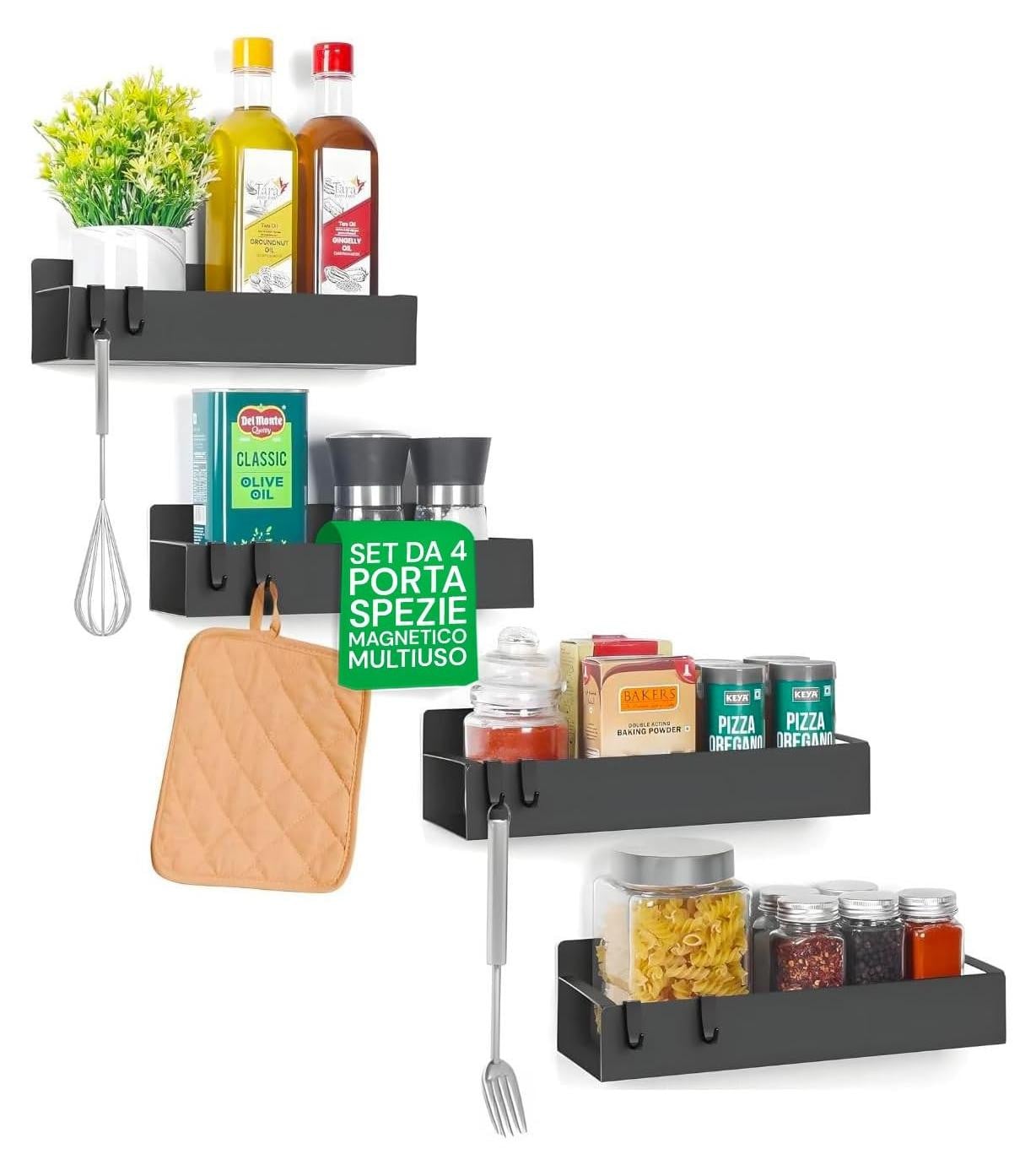 Magnetische set van 4 wandplankjes zwart - Organizer voor de koelkast