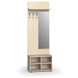 Garderobenwand PRIMO WOOD, Schuhregal + Spiegel, 3 Haken, Ablage, Holzstruktur vertikal, Birke