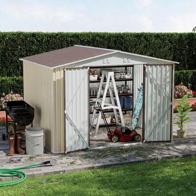 Kodotan sofa 10x8 FT Metal Garden Shed with Hinge door design White Storage sheds Backyard Patio use