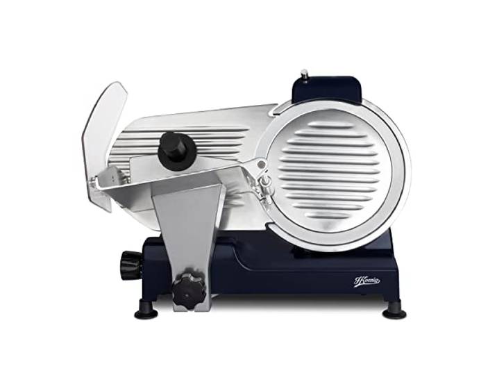 H.Koenig Elektrischer Allesschneider für Schinken, Fleisch, Wurst, Brot, MSX256, Schnittstärke 0–12 mm, italienische Klinge 25 cm, integrierter Messerschärfer, große Platte, 282 U/min, blau, Nachtblau