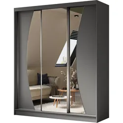 KLEIDERSCHRANK mit Spiegel-Schiebetüren und Aluminium-Leisten, LED-Beleuchtung (- VOXI - 180 cm Grau