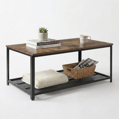IvoQ Industrie-Couchtisch Rechteckig - Vintage Holzoptik & Stahl - 2 Ebenen - Mit Gitterablage - Industrie-Wohnzimmertisch - Robust, Stilvoll & Leicht