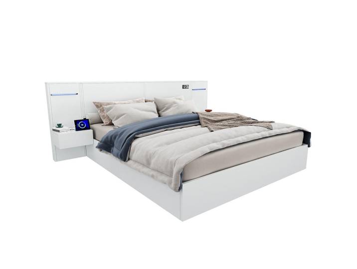 Okmyhome Polsterbett 180/200 cm Weiß aus MDF mit Bluetooth-Lautsprechern und LED-Lichtleiste, Rechteckig, 180x200 cm, Schlafzimmer, Betten, Polsterbetten