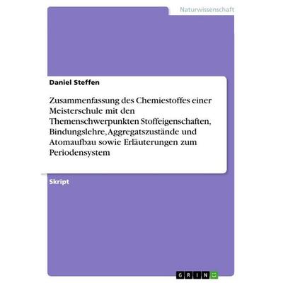 Zusammenfassung des Chemiestoffes einer Meisterschule mit den Themenschwerpunkten Stoffeigenschaften, Bindungslehre, Aggregatszustände und Atomaufbau