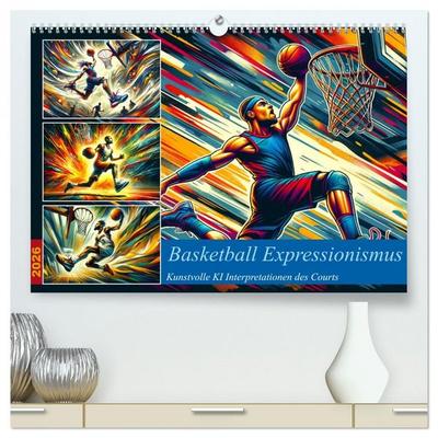 Basketball Expressionismus - Kunstvolle KI Interpretationen des Courts (hochwertiger Premium Wandkalender 2026 DIN A2 quer), Kunstdruck in Hochglanz