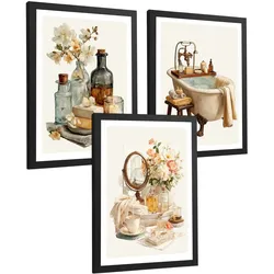 POSTER 3er-Set dekorative Badezimmer-Wandbilder und, Vintage-Stil für Waschbecken, Dusche, WC mit Badewanne, Blumen und Spiegel Schwarzer Rahmen A3