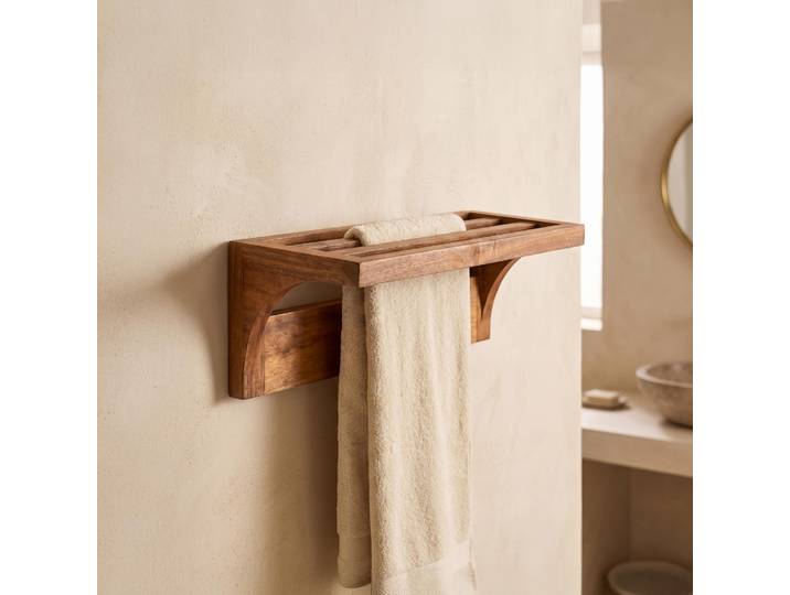 Porte serviette de salle de bain mural en bois massif de teck - Rhea