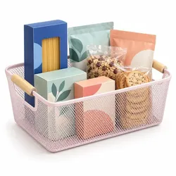 Relaxdays Drahtkorb mit Holzgriffen Hellbraun,Rosa