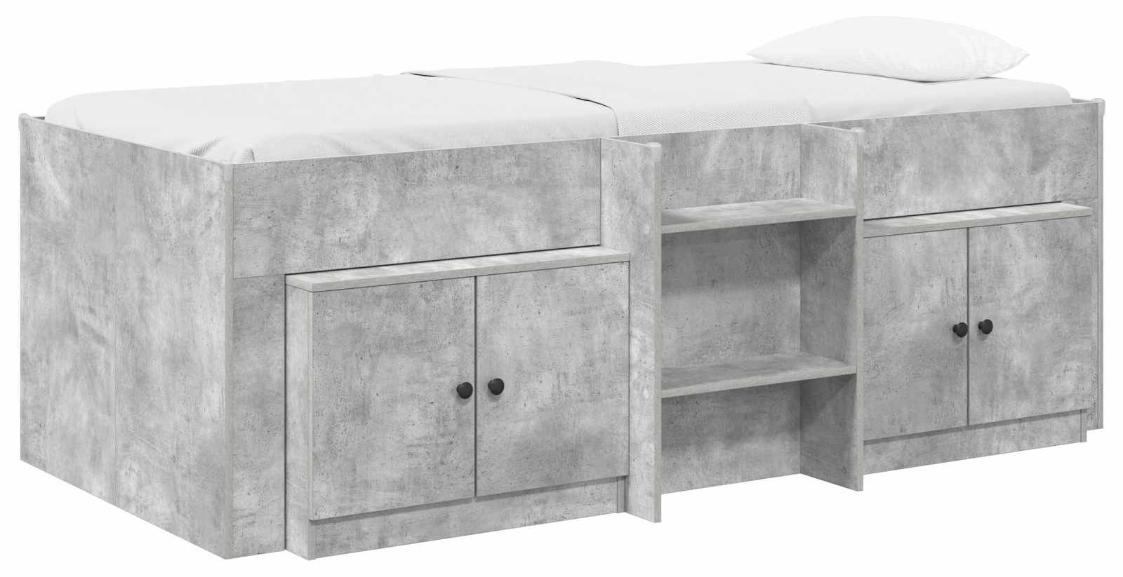 Bettgestell mit erhöhtem Schlafbereich und integriertem Schrank mit Tür, 3 Stück, Farbe: Beton-Grau