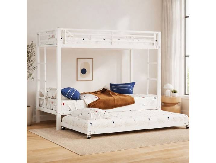 Lit superposé - ZEVKOR - Lit superposé 90×200 cm avec gigogne 90×190 cm - 3 couchages - Métal blanc - Sommier à lattes