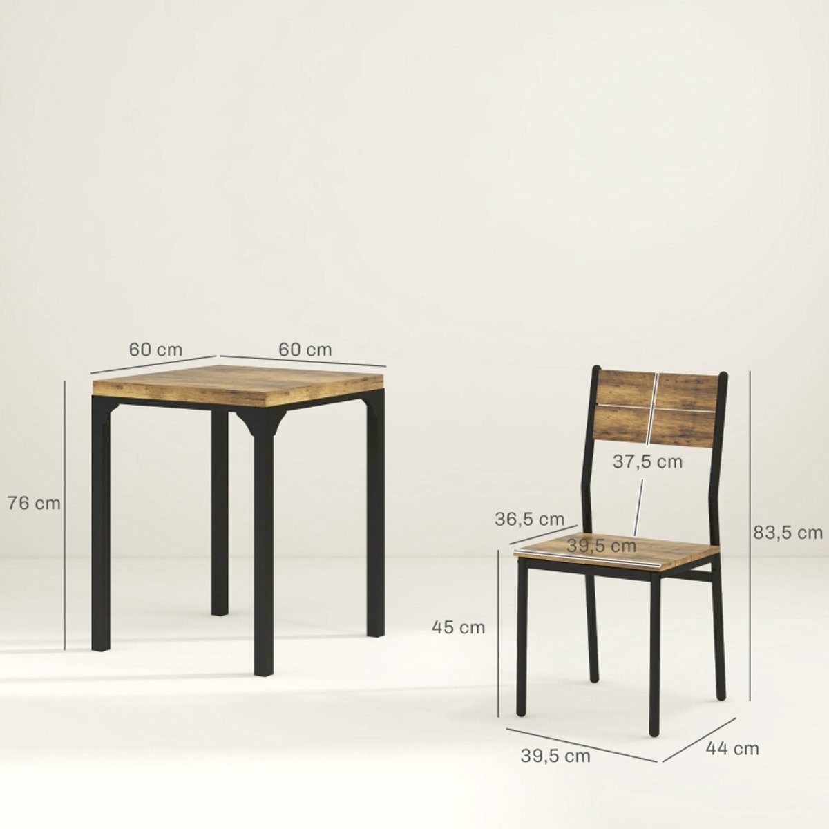 FloraGrace Eetkamerset voor 2 personen - Compacte tafelset met 2 stoelen - Landelijke stijl - MDF en metaal - Rustiek bruin - B/D/H: 76 x 60 x 60 cm