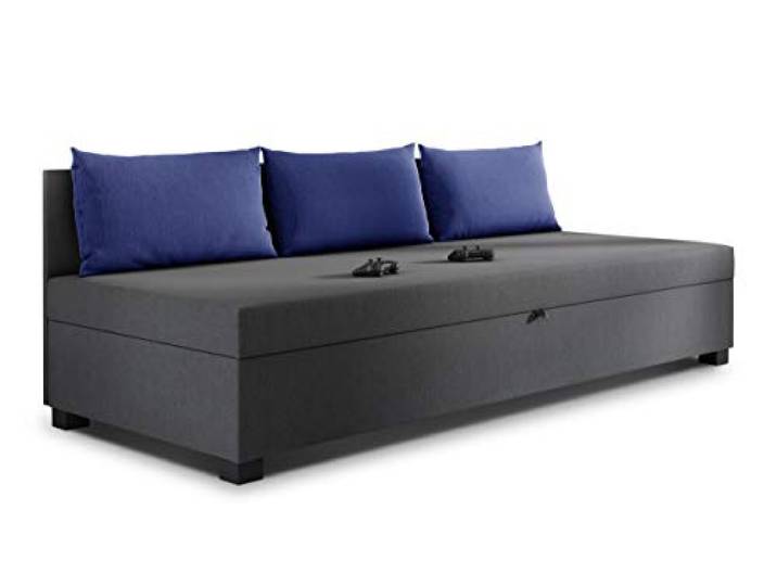 Sofnet - Schlafsofa Misti III mit Kissen (Graphit + Blau, Lux 06 + 20) Einzelbett, Sofa mit Bettkasten, Bettsofa, Komfortbett, Bettgestell, Jugendzimmer, Schlafmöbel, Strukturstoff