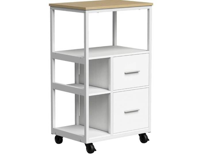 ROVRYN Desserte de cuisine sur roulettes 53 x 37 x 89 cm 2 tiroirs et rangements ouverts blanc