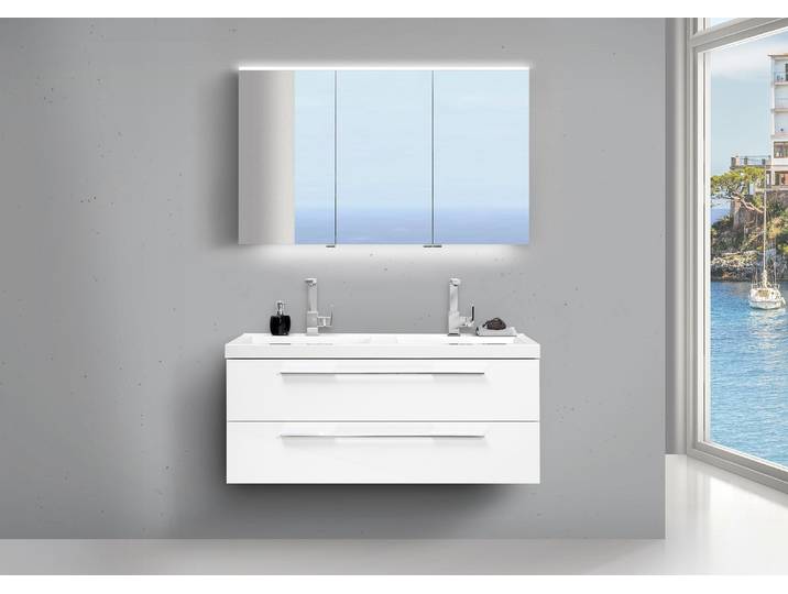 Design Badmöbel Set Weiss 120cm mit Doppelwaschtisch und LED Spiegelschrank