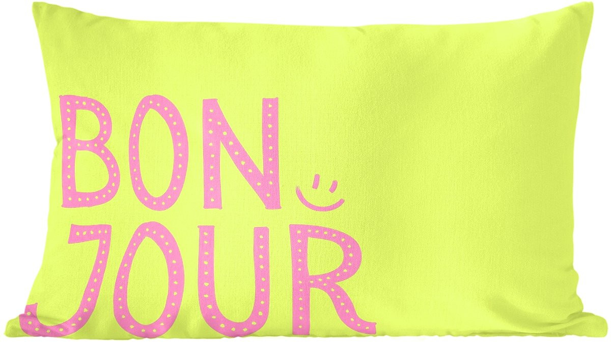 PillowMonkey Sierkussen Smiley Bonjour - Groen en Roze - 60 x 40 cm