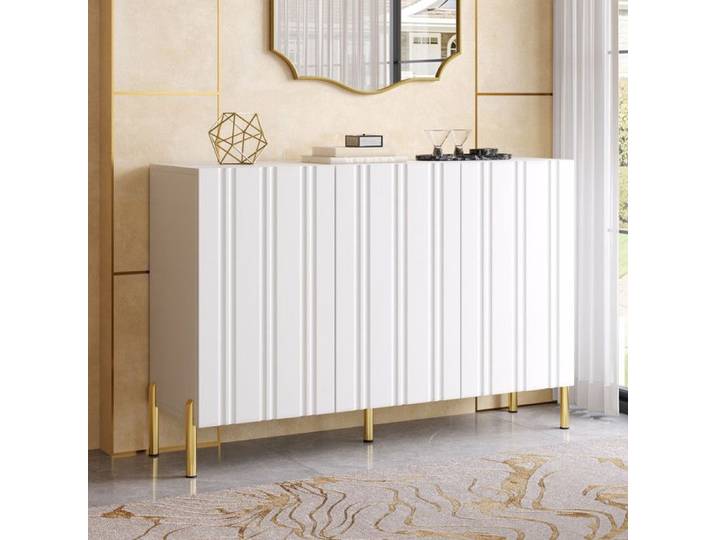 Buffet 3 portes Buffet de salon Meuble à chaussures Rangement chaussures Étagères réglables Pieds métal Effet rainuré Blanc