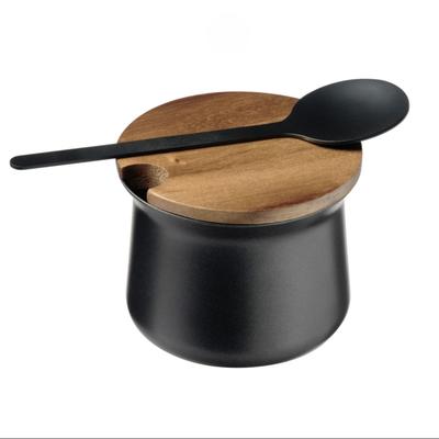 Zuckerdose APS "mit Löffel - 18/8 Edelstahl/Akazienholz", schwarz, H:6,5cm Ø:8cm, Edelstahl, Massivholz, Lebensmittelaufbewahrungsbehälter, Zuckerdose, Ø 8 cm, H: 6,5 cm, 0,2 Liter, mit Antihaftbeschichtung