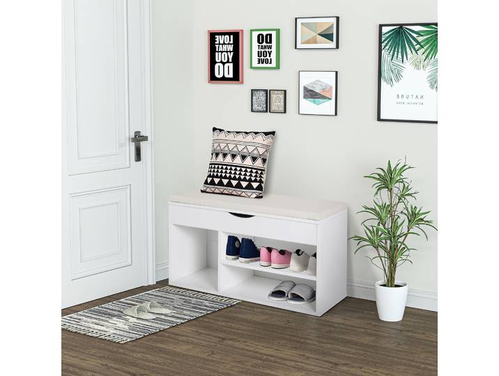 HOMCOM Banc à Chaussures Bois Blanc 80x30x47cm Rembourré