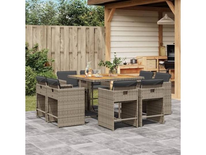 HEFZGDB 9-TLG. Garten-Essgruppe mit Kissen Grau Poly Rattan, Klappstühle mit waschbaren Bezügen und Akazienholz-Tischplatte für Terrasse, Langlebige Outdoor-Möbel mit platzsparender