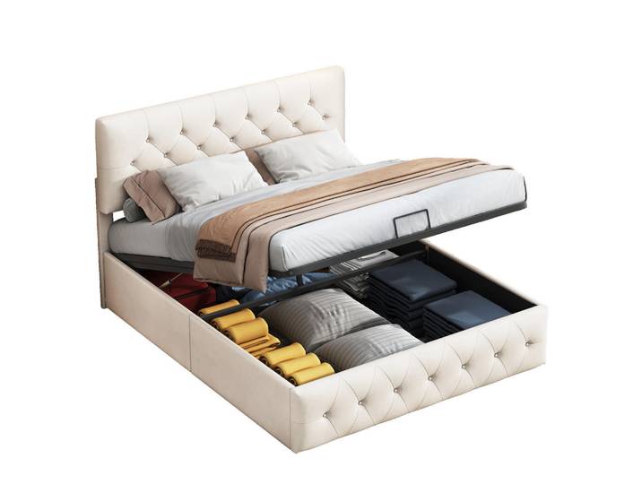 Shopentra Polsterbett 160x200 cm Beige Samt Stauraum, Metall, 160x200 cm, Schlafzimmer, Betten, Polsterbetten