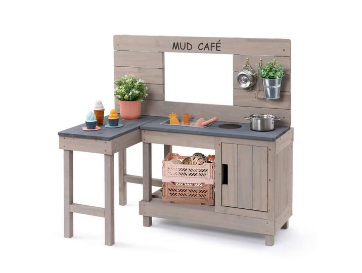 Muddy Buddy Matschküche Coffee Corner, Hellgrau, Holz, 60x95x100 cm, Fsc, EN 71, Europäischer Sicherheitsstandard, mit Holzschutz vorbehandelt, Spielzeug, Kinderspielzeug, Kinderküchen