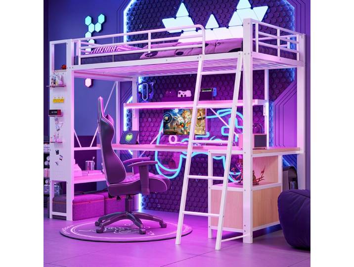 Luscriate - Lit mezzanine 90x200cm cadre fer bande LED bureau rangement étagères panneau perforé USB - Blanc