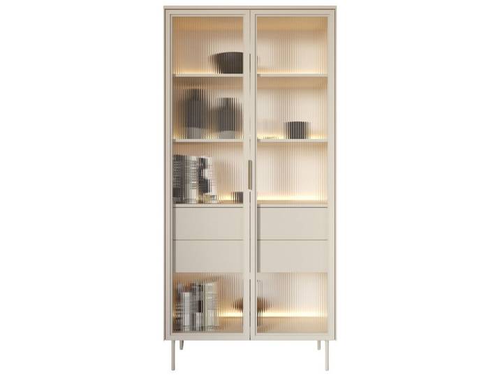 yourhouse24 Glasvitrine LUMI mit Schubladen & LED – Eiche Dunin oder Kaschmir Riffelglas