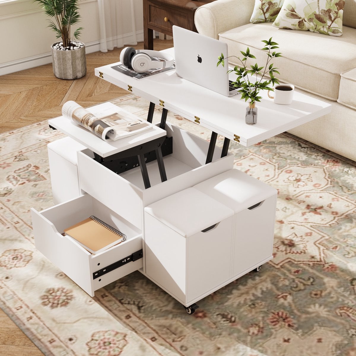 VOWNER 3-in-1 multifunctionele salontafel met lade en 4 krukjes en hoogteverstelling