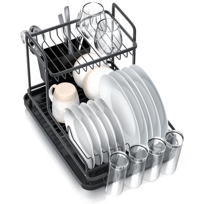 Arendo Geschirrständer Abtropfgestell, Abtropfgitter, zweilagig, 2 Ebenen, 360° Abfluss, Besteckhalter, 4x Glashalter, 10 Tellerhalter, platzsparend
