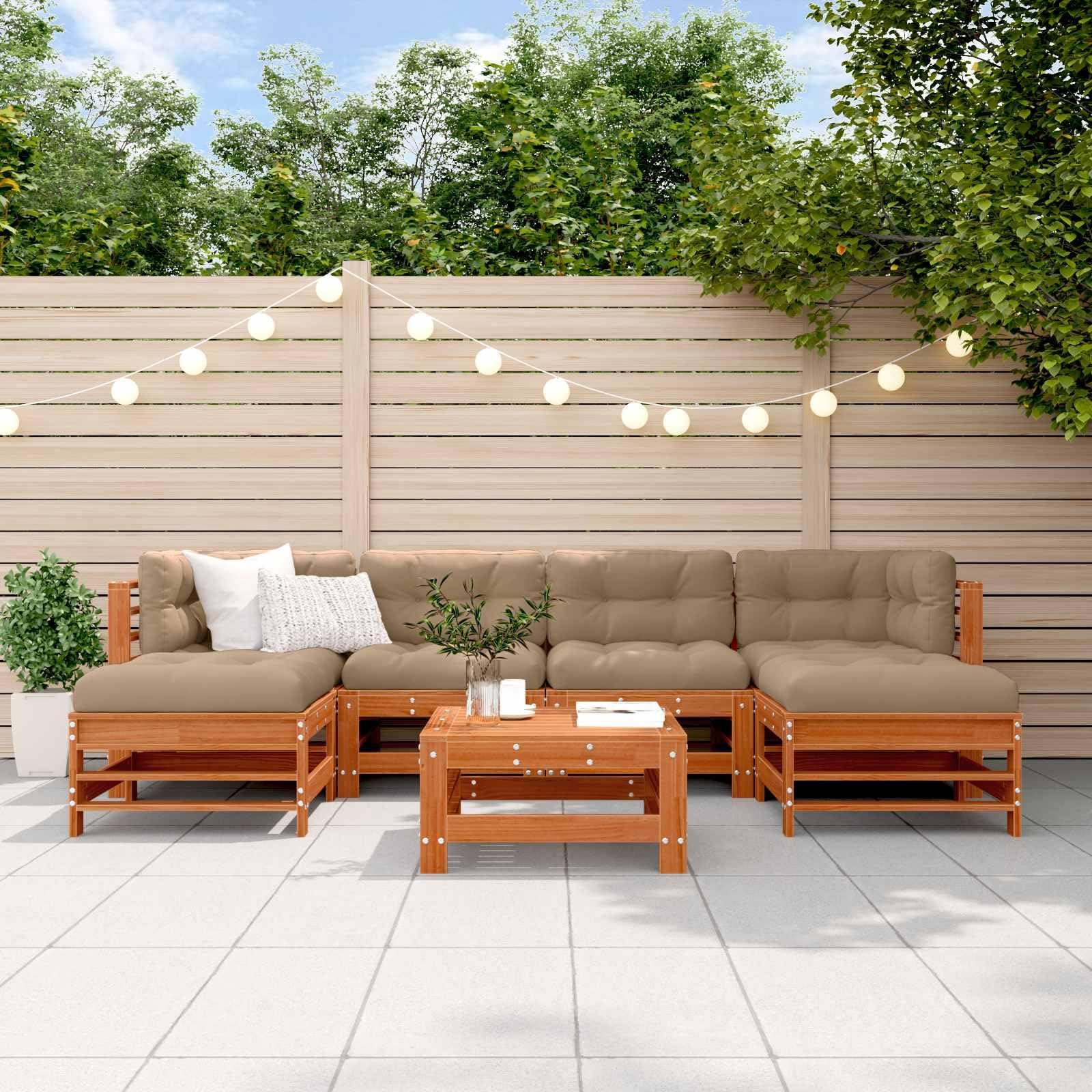 Garten-Lounge-Set, 7-teilig, braun, aus massivem Kiefernholz - Modulares Ecksofa mit Kissen